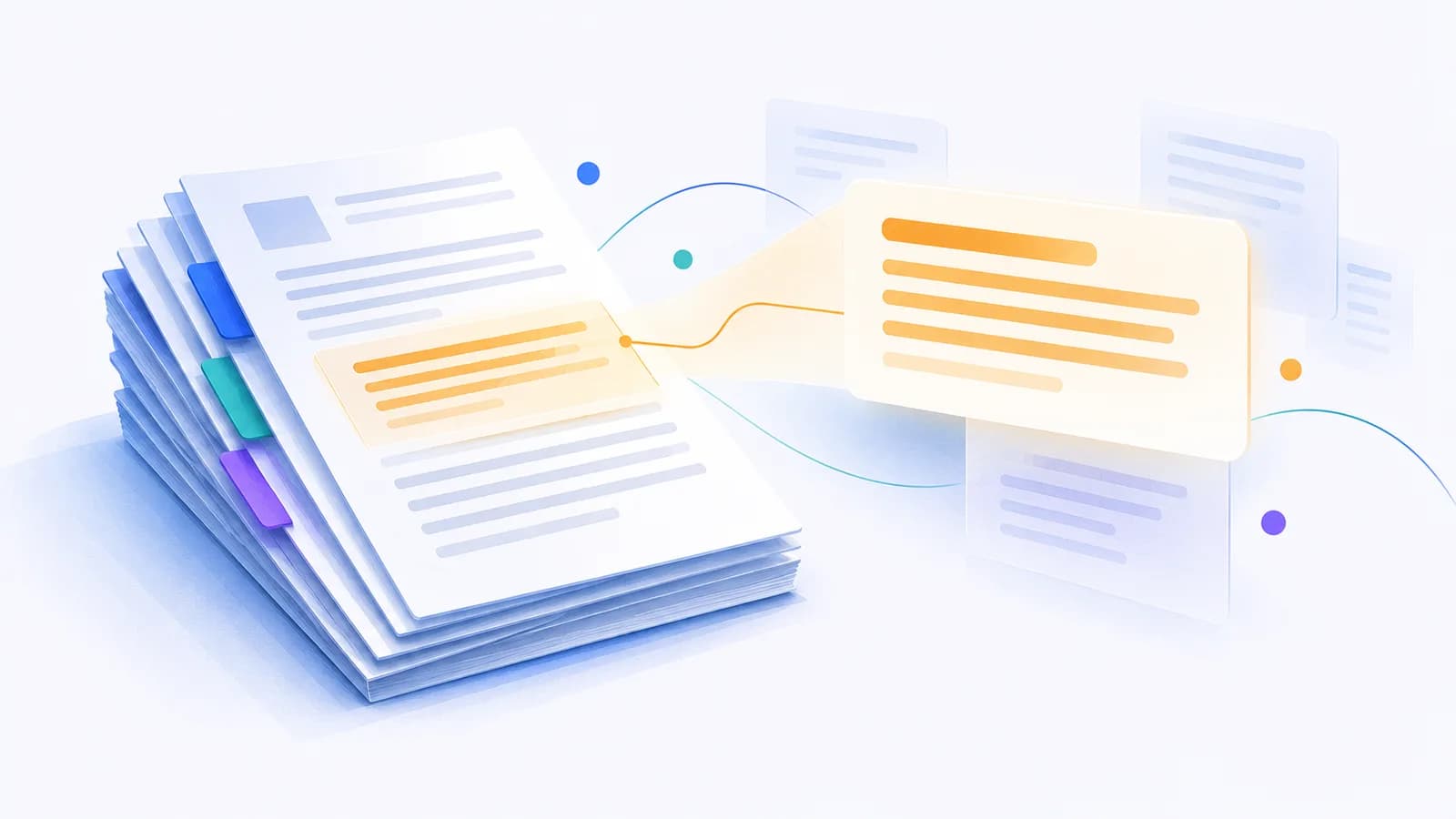 A stack of documents with one highlighted paragraph lifted out and linked back to its page