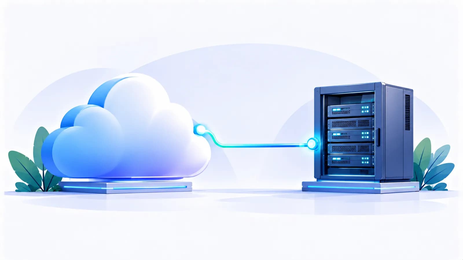 A cloud and a server cabinet standing on the same ground, joined by a single line