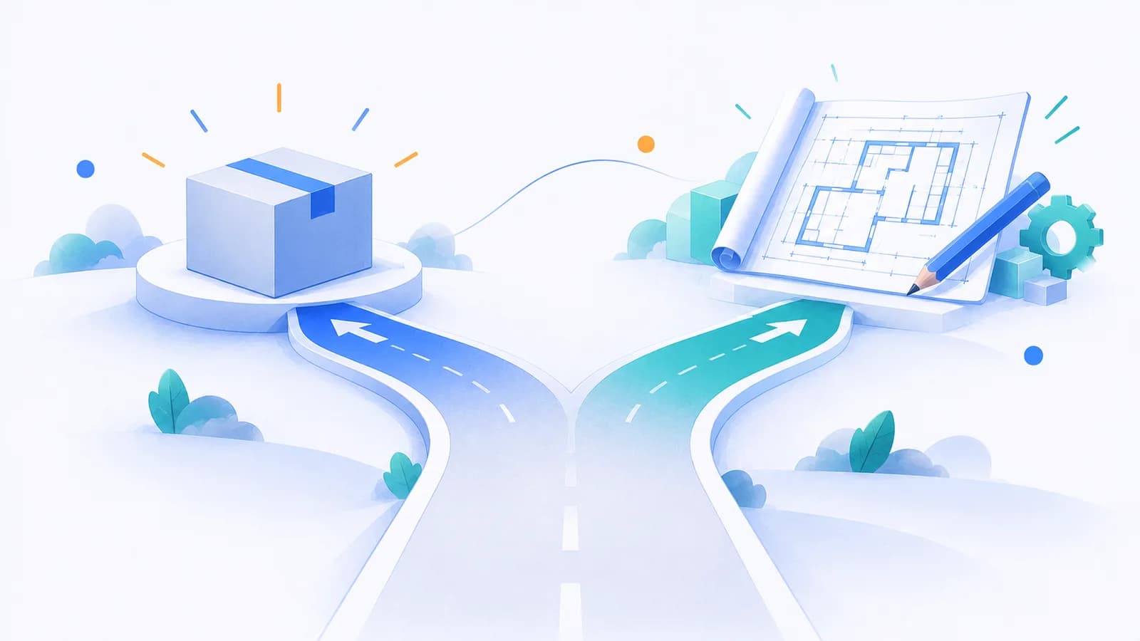 A road forking towards a ready-made box on one side and a blueprint on the other