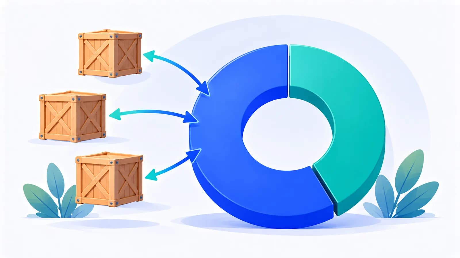A ring chart divided into two shares, with supply crates feeding the larger one