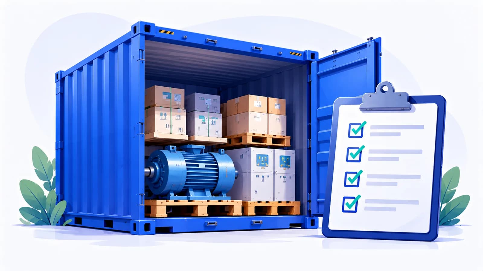 An open shipping container of palletised machinery beside a completed checklist