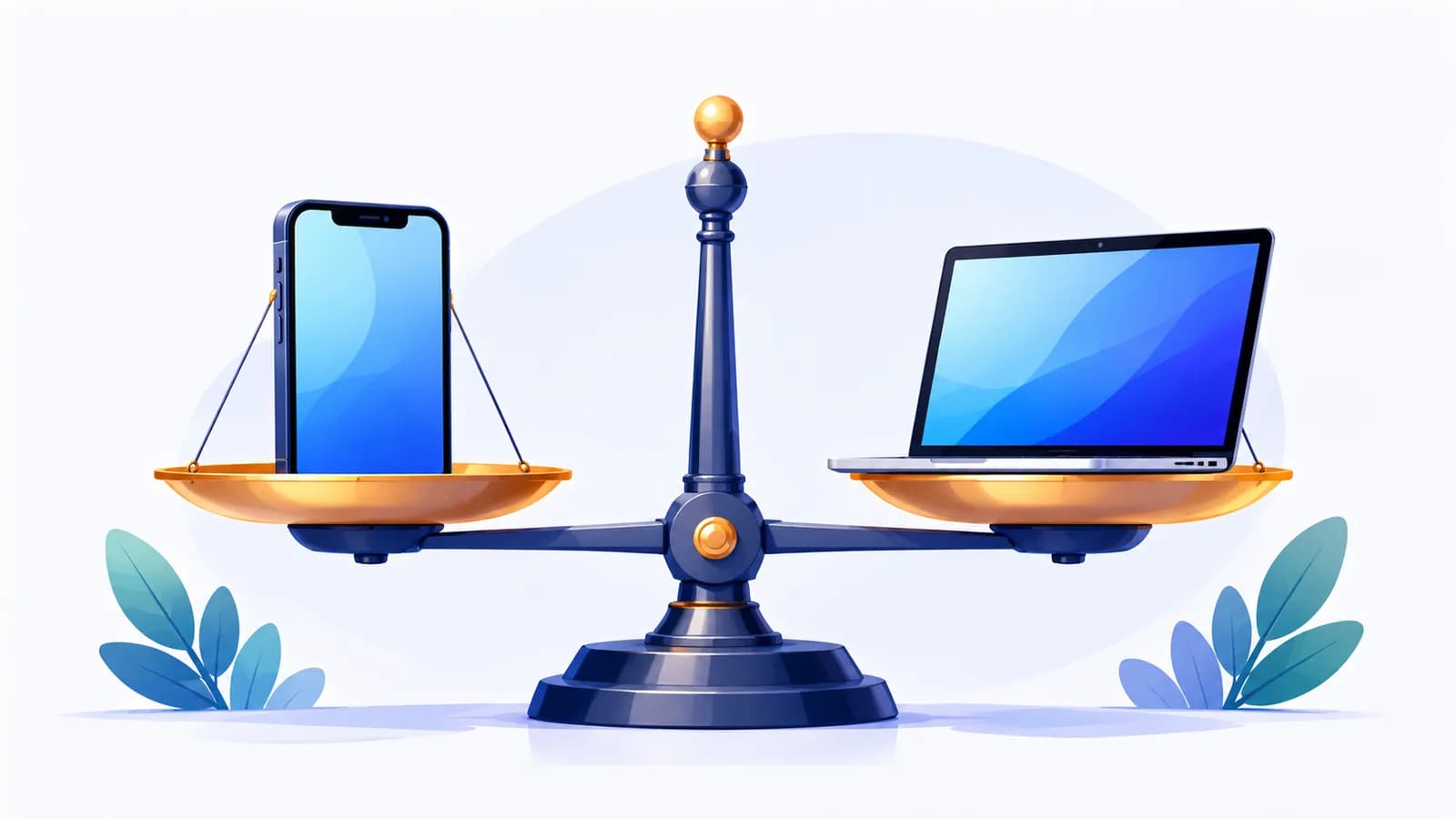 A phone and a laptop resting on the two pans of a balance scale, level with each other