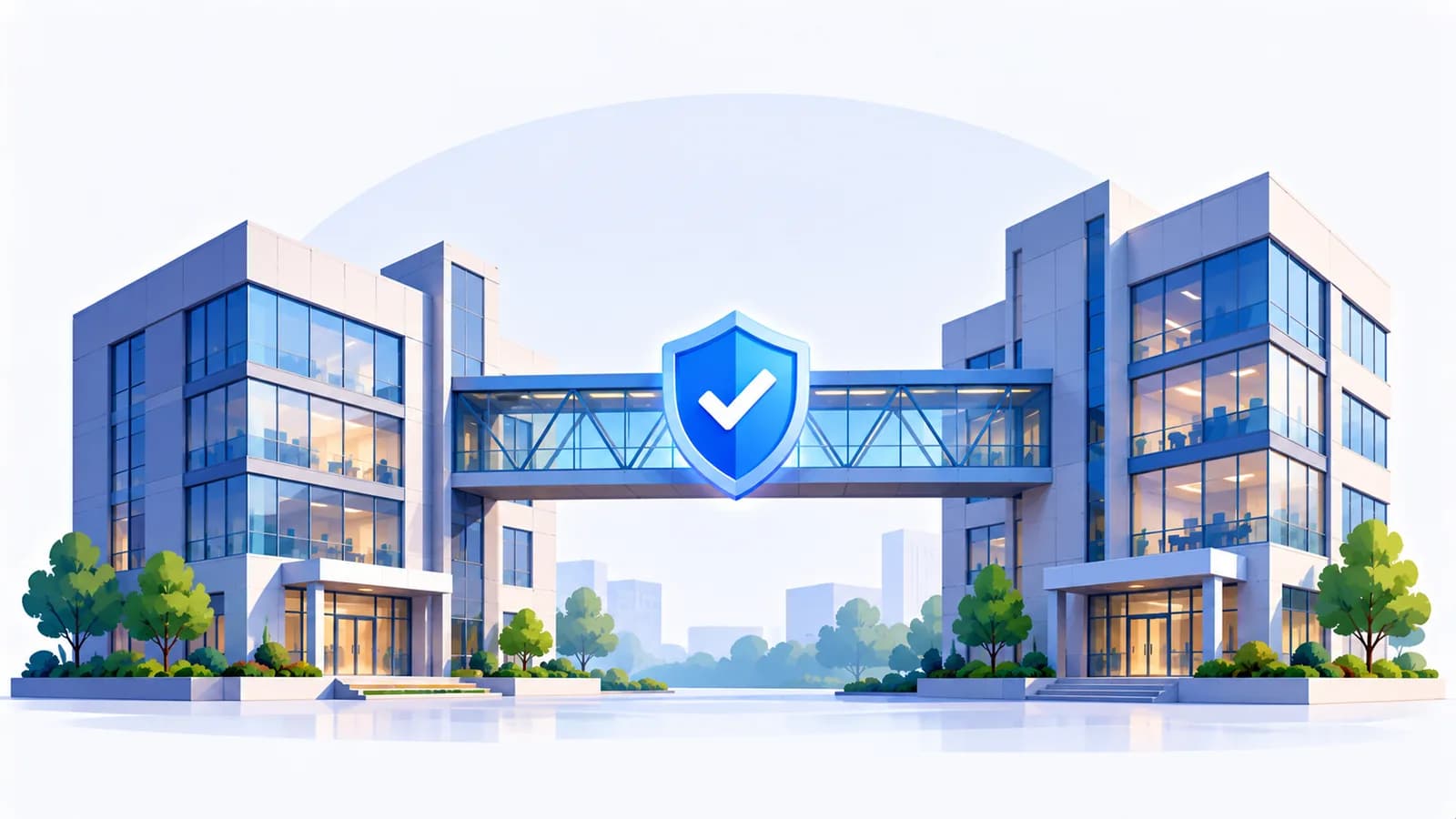 Two office buildings joined by a bridge with a verification shield at its midpoint