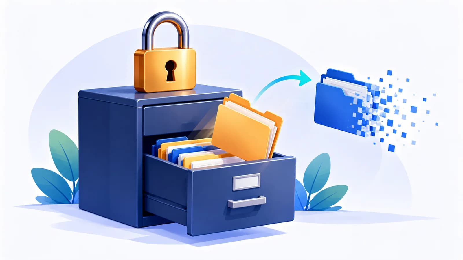 A padlock on a filing cabinet, one folder lifted out and another dissolving into particles