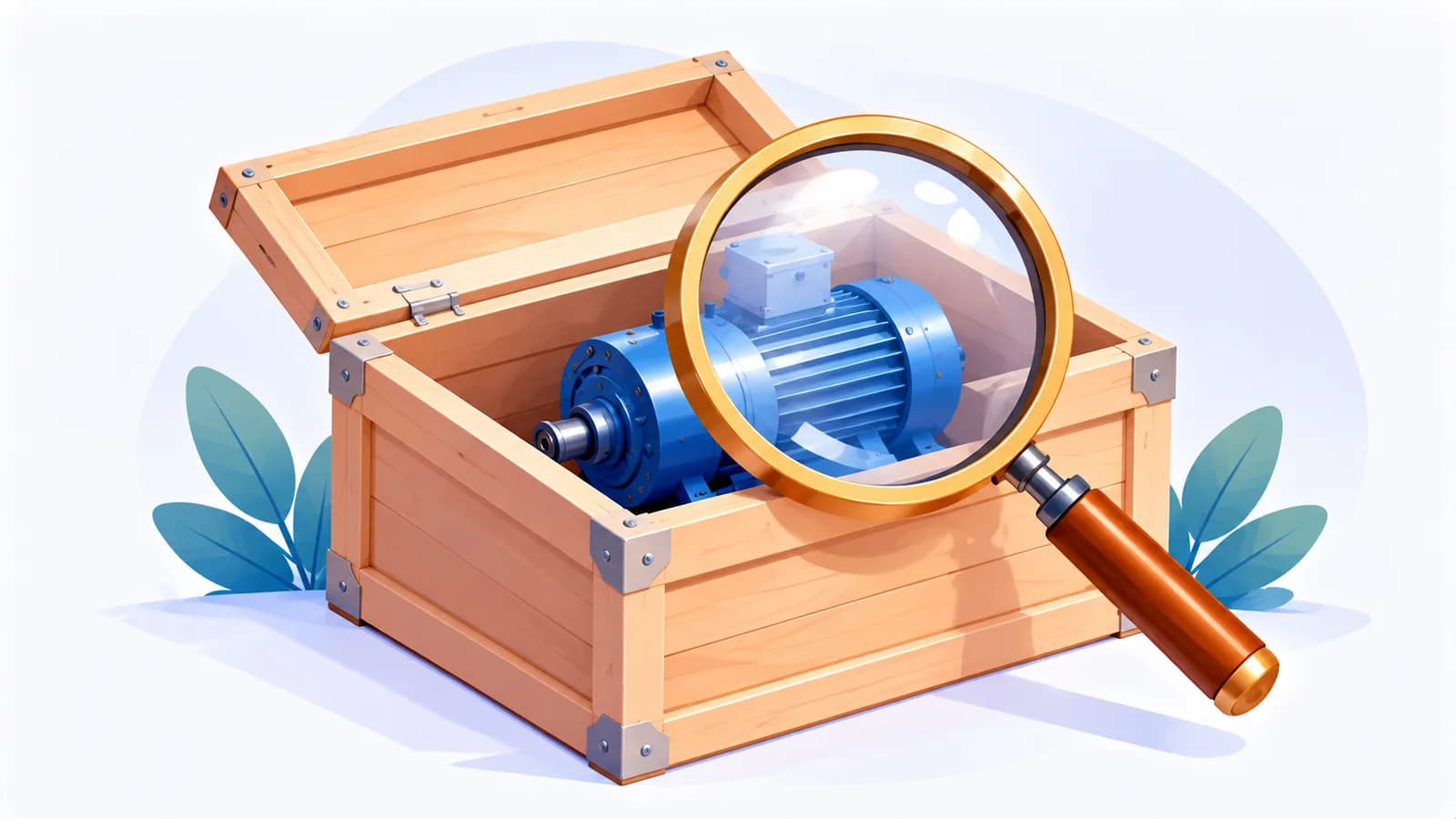 A magnifying glass over a machine inside an open crate that has not yet been sealed