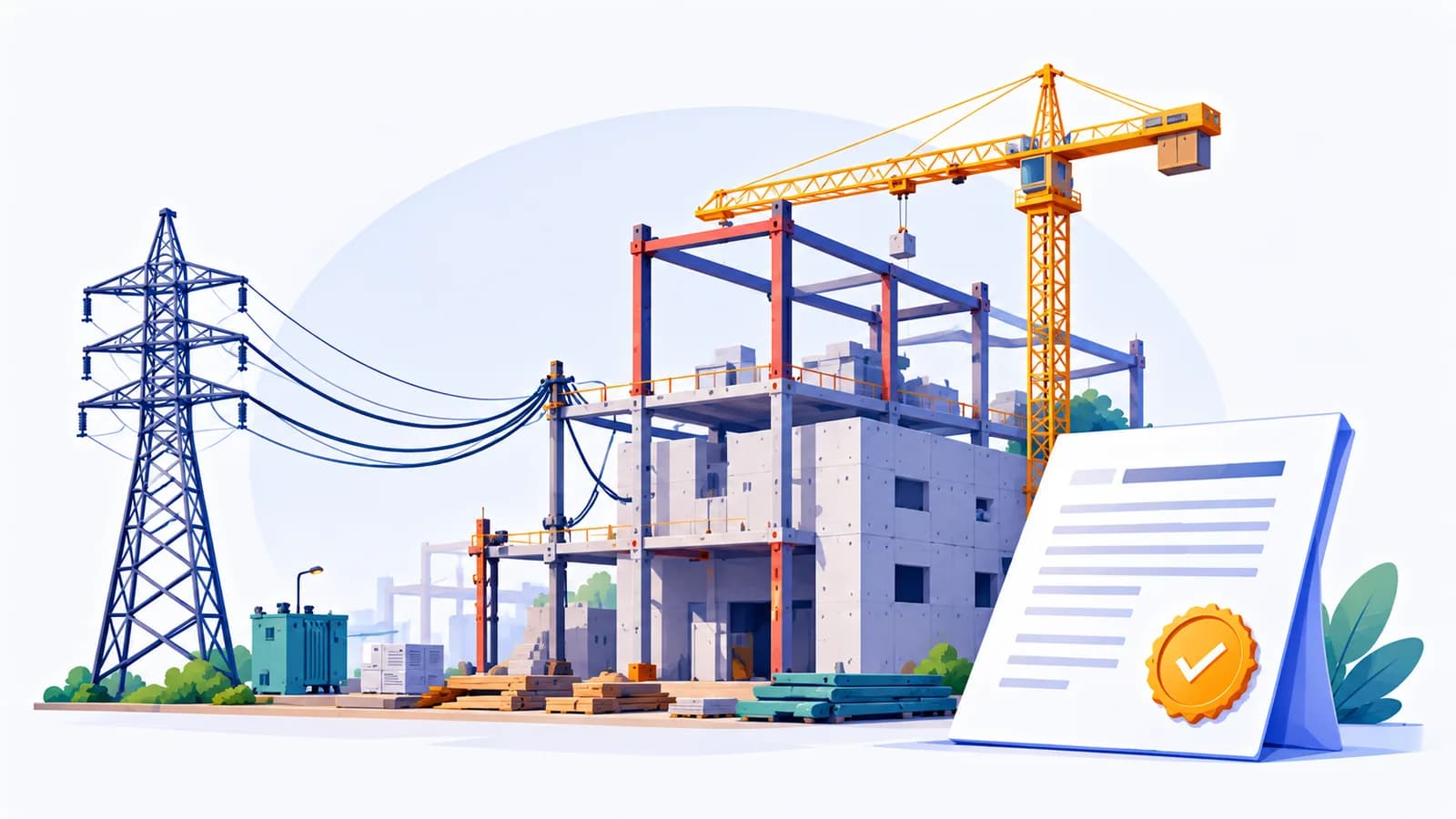 A factory building under construction with a power line running to it and an approved permit in the foreground
