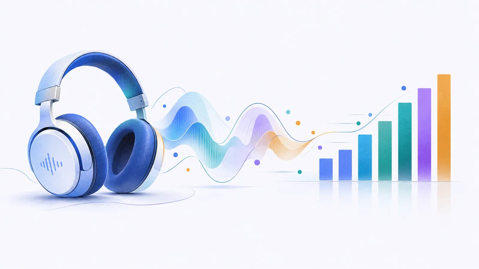 A headset beside a sound wave that resolves into evenly spaced bars