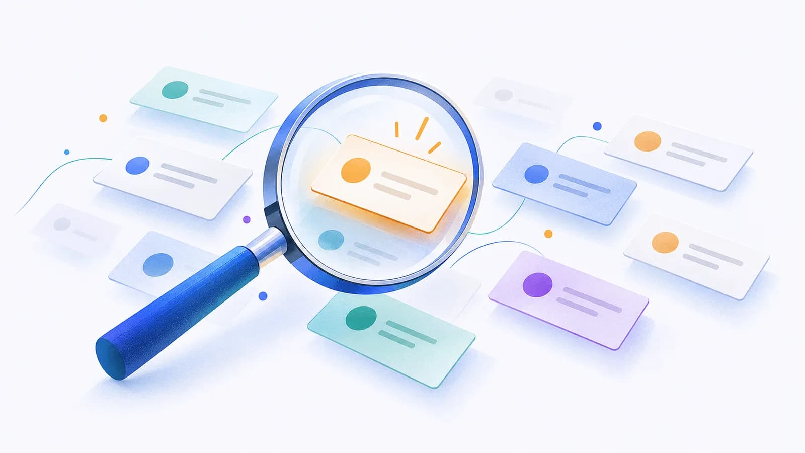 A magnifying glass over scattered task cards, singling one out