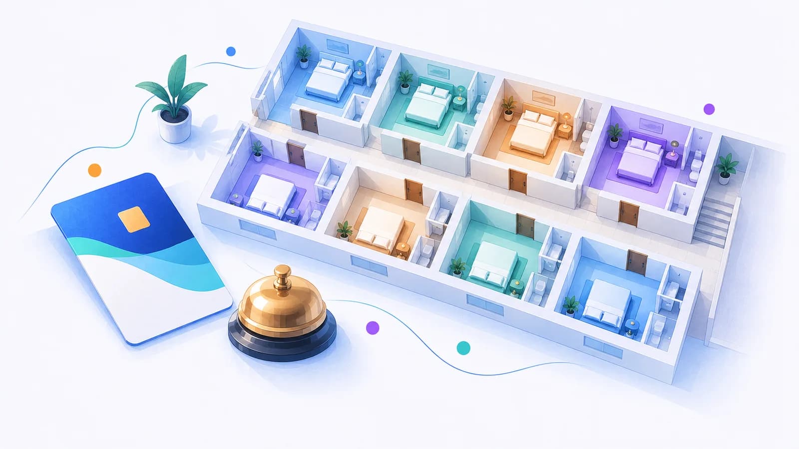 A hotel floor plan seen from above with rooms in different states, beside a key card and a reception bell