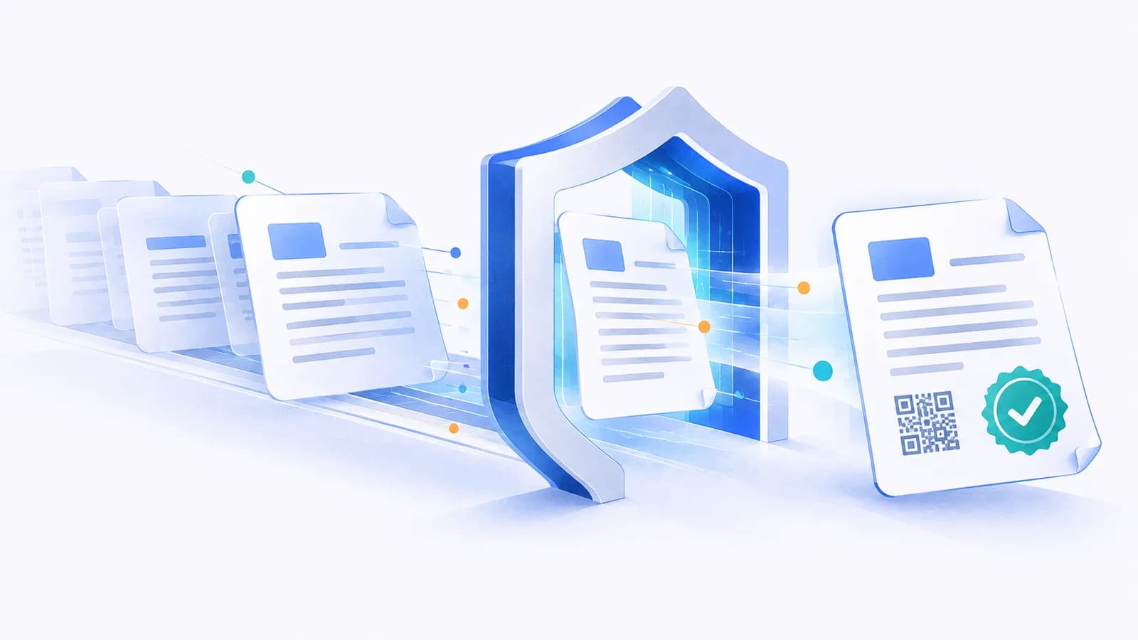 Invoices passing through a shield and coming out carrying a QR code and an approval seal